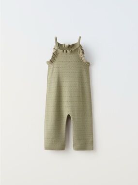 Zara kids | girls POINTELLE KNIT OVERALLS Olive Green Ruffle-Trim Knit Romper